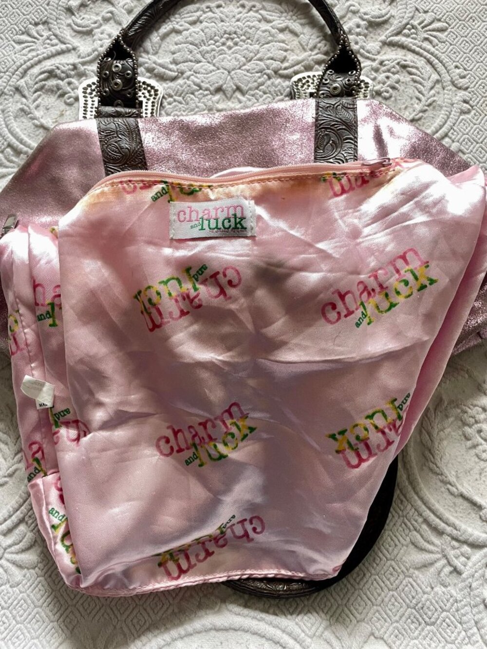 SOLD Vintage Y2K Charm + Luck Western San Antonio Leather Rhinestone Satchel Bag - Picture 15 of 16